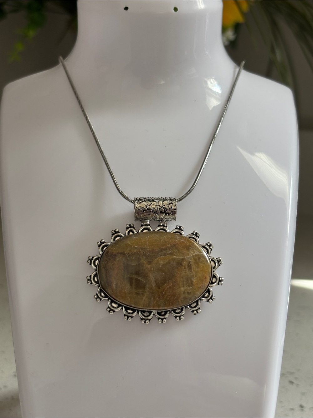 Handcrafted Silver Gemstone Pendant Necklace with Yellow Lace Agate